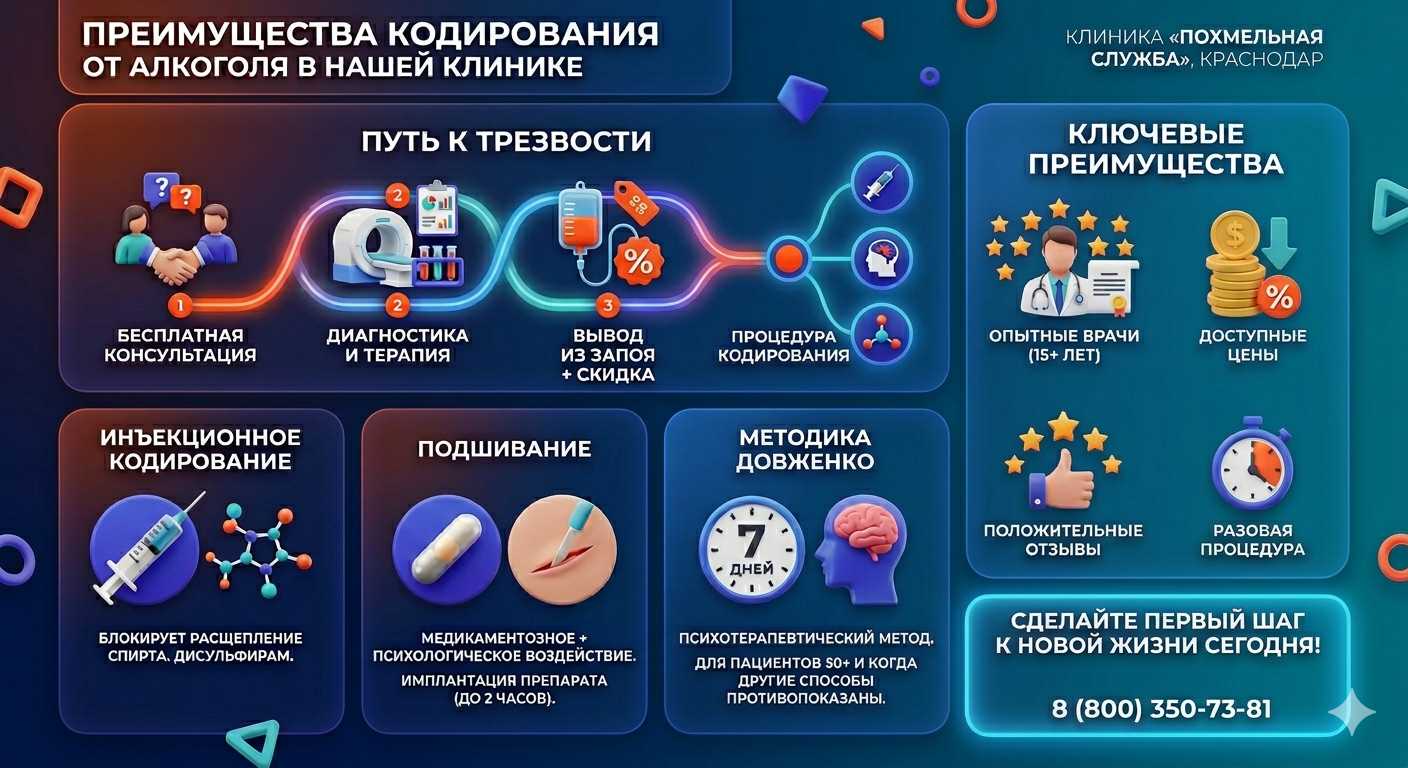 Инфографика о методах кодирования от алкоголя в Нерехте: инъекции, подшивание, метод Довженко. Преимущества клиники и этапы лечения.