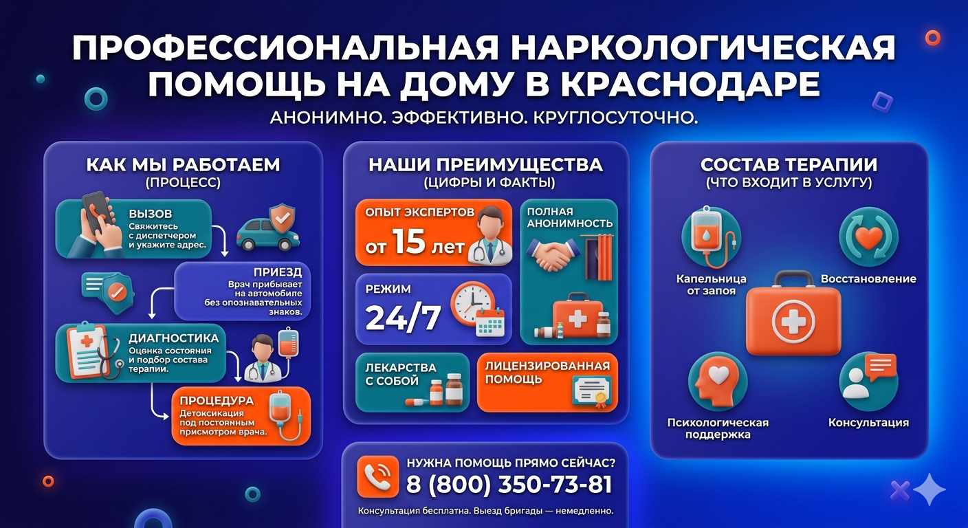 Инфографика о принципах лечения алкоголизма на дому в Нерехте: этапы вызова нарколога, преимущества анонимной детоксикации и состав медицинской помощи.
